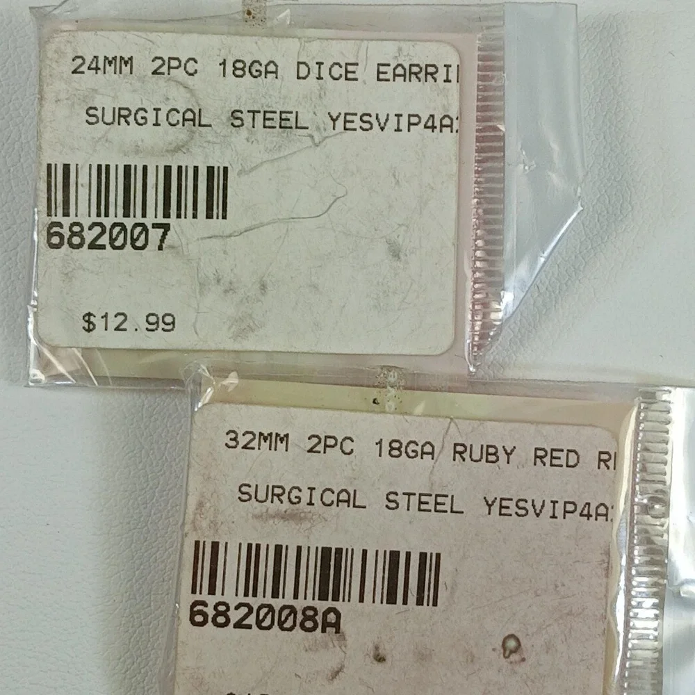 Vintage Surgical Steel 18G Earring Set Ruby Red Horn Spike‎ Dice Deadstock New